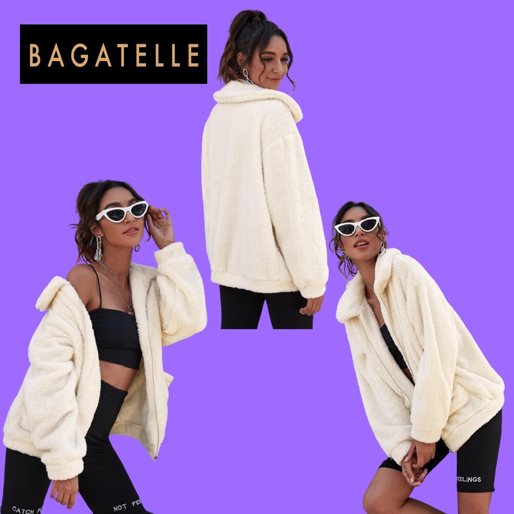 BAGATELLE NEW Faux Shearling Full Zip Patch Pocket Jacket Cream M NWT - Picture 2 of 12